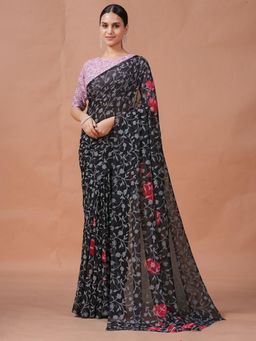 Garden VARELI - Black Floral Viscose Saree Without Blouse