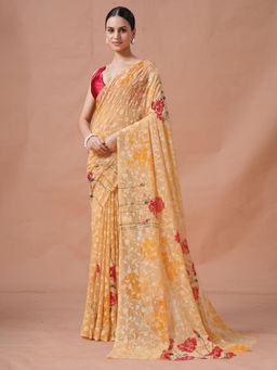 Garden VARELI - Yellow Floral Viscose Saree Without Blouse