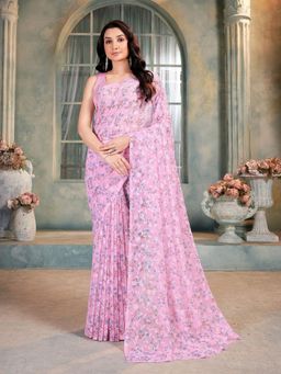 Garden VARELI - Pink Floral Viscose Saree Without Blouse