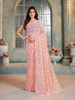 Garden VARELI - Peach Floral Viscose Saree Without Blouse