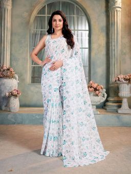 Garden VARELI - Teal Floral Viscose Saree Without Blouse