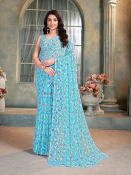 Garden VARELI - Blue Floral Viscose Saree Without Blouse