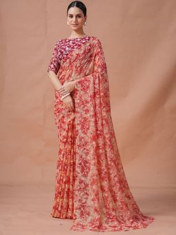 Garden VARELI - Brown Floral Viscose Saree Without Blouse