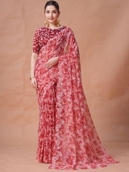 Garden VARELI - Red Floral Viscose Saree Without Blouse