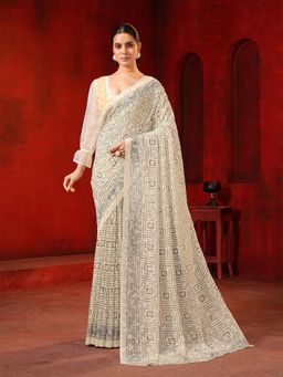 Garden VARELI - Beige Floral Viscose Saree Without Blouse