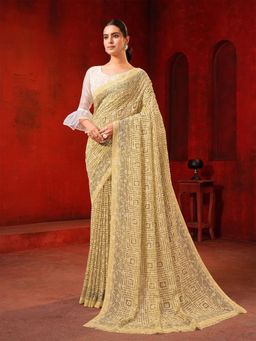 Garden VARELI - Yellow Floral Viscose Saree Without Blouse