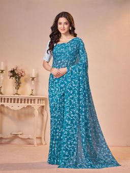 Garden VARELI - Teal Floral Viscose Saree Without Blouse