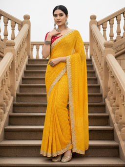 Akhilam - Women Georgette Yellow Embroidered Designer Saree with Unstitched Blouse