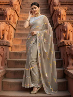 Akhilam - Women Georgette Grey Embellished Designer Saree with Unstitched Blouse