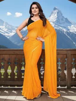 Akhilam - Women Chiffon Yellow Embellished Designer Saree with Unstitched Blouse