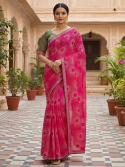 Akhilam - Women Georgette Pink Printed Designer Saree with Unstitched Blouse