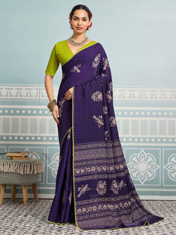 Akhilam - Women Cotton Purple Digital Print Designer Saree with Unstitched Blouse