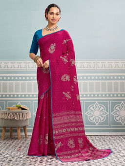Akhilam - Women Cotton Pink Digital Print Designer Saree with Unstitched Blouse