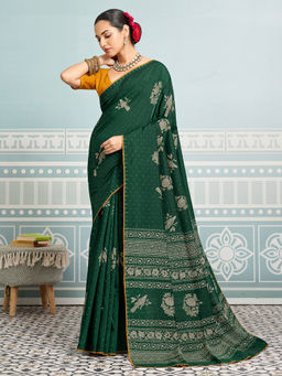 Akhilam - Women Cotton Dark Green Digital Print Saree with Unstitched Blouse
