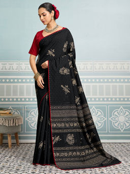 Akhilam - Women Cotton Black Digital Print Designer Saree with Unstitched Blouse