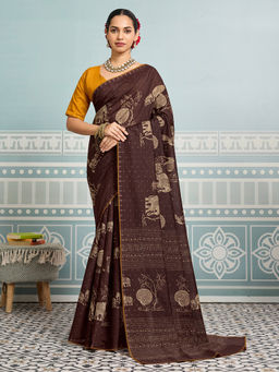 Akhilam - Women Cotton Dark Brown Digital Print Saree with Unstitched Blouse