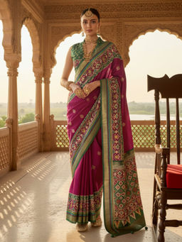 Akhilam - Women Silk Blend Magenta Woven Design Saree with Unstitched Blouse