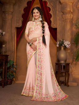 Garden VARELI - Pink Printed Linen Saree With Unstitched Blouse
