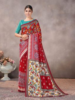 Garden VARELI - Red Floral Silk Saree Without Blouse