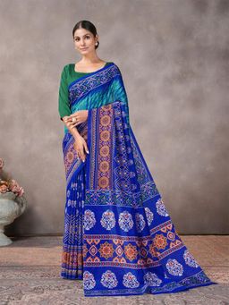 Garden VARELI - Blue Printed Silk Saree With Unstitched Blouse