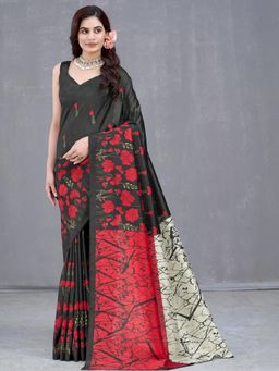 Garden VARELI - Black Floral Silk Saree Without Blouse
