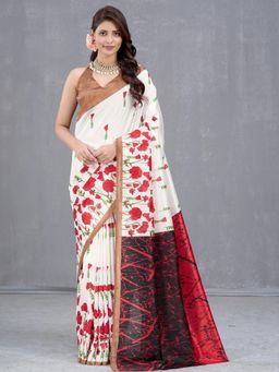 Garden VARELI - White Floral Silk Saree Without Blouse