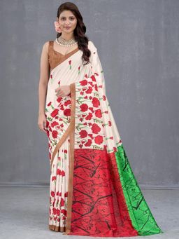 Garden VARELI - White Floral Silk Saree Without Blouse