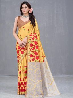 Garden VARELI - Yellow Floral Silk Saree Without Blouse