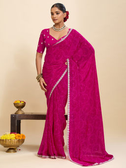 Akhilam - Women Cotton Pink Printed Designer Saree with Unstitched Blouse