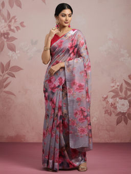 Akhilam - Women Linen Blend Grey Printed Designer Saree with Unstitched Blouse