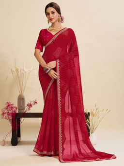 Akhilam - Women Georgette Red Printed Designer Saree with Unstitched Blouse