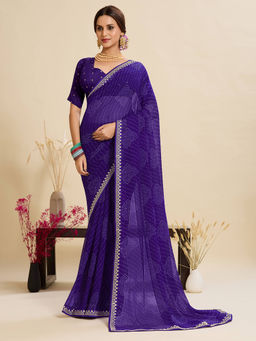 Akhilam - Women Georgette Purple Printed Designer Saree with Unstitched Blouse