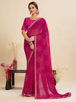Akhilam - Women Georgette Pink Printed Designer Saree with Unstitched Blouse