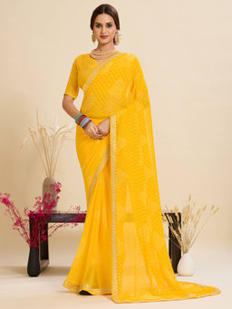 Akhilam - Women Georgette Yellow Printed Designer Saree with Unstitched Blouse