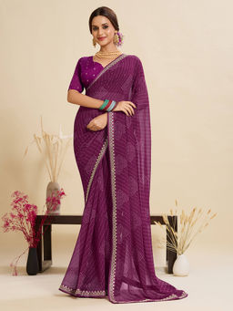 Akhilam - Women Georgette Purple Printed Designer Saree with Unstitched Blouse