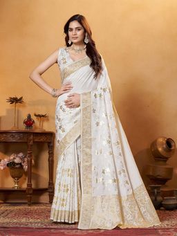 Garden VARELI - White Floral Viscose Saree Without Blouse