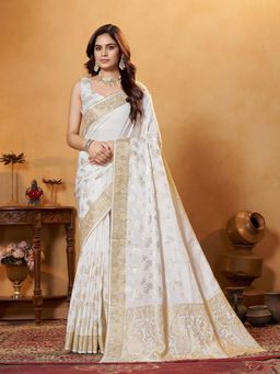 Garden VARELI - White Floral Viscose Saree Without Blouse