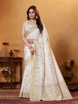 Garden VARELI - White Floral Viscose Saree Without Blouse