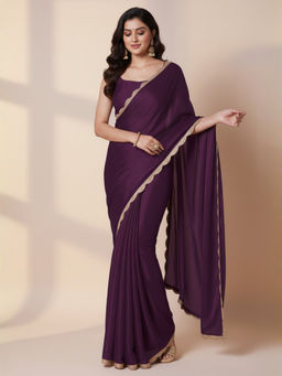 Akhilam - Women Organza Purple Embellished Designer Saree with Unstitched Blouse