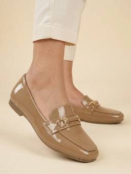 Carlton London - Women Beige Glossy Patent Square Toe Slip-On Loafers