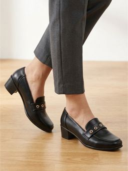 ELLE - Women Black Classic Modern Comfort Heeled Grommet Loafer