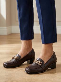 ELLE - Women Brown Elegant Heeled Chain-Link Slip-On Loafer