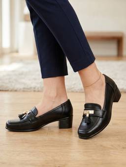 ELLE - Women Black Chic Heeled Tassel Comfortable Slip-On Loafers