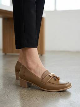 ELLE - Women Beige Chic Heeled Tassel Comfortable Slip-On Loafers
