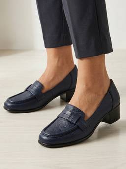 ELLE - Women Navy Blue Sophisticated Pebbled Slip-On Heeled Loafers