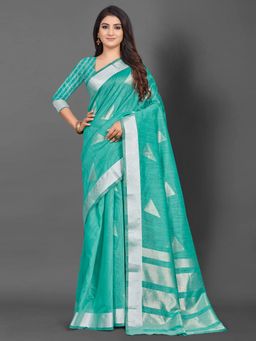 Akhilam - Women Linen Turquoise Woven Design Celebrity Saree with Unstitched Blouse