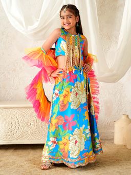 PSPeaches - Girls Blue Lehenga Choli with Dupatta
