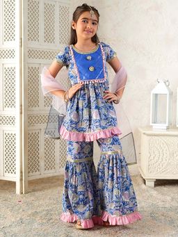 PSPeaches - Girls Blue Kurta and Sharara with Dupatta