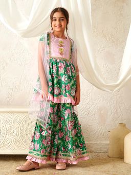 PSPeaches - Girls Green Kurta and Sharara with Dupatta