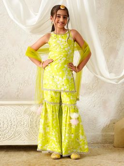 PSPeaches - Girls Green Kurta and Sharara with Dupatta